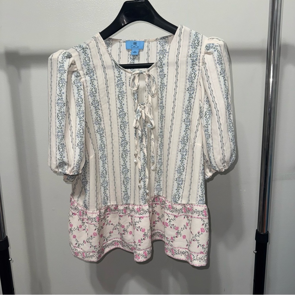 CeCe Cream Blouse with Blue and Pink Floral Stripes